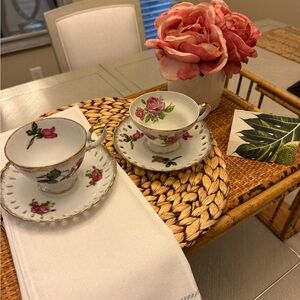 Floral Teacup and Saucer Set all 4 pieces Gold Rose Antique Tea for Two